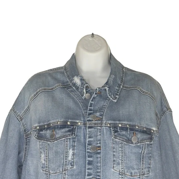 Liverpool Faded Blue Distressed Wide Long Sleeve Crop Denim Jean Jacket Medium - Picture 3 of 14